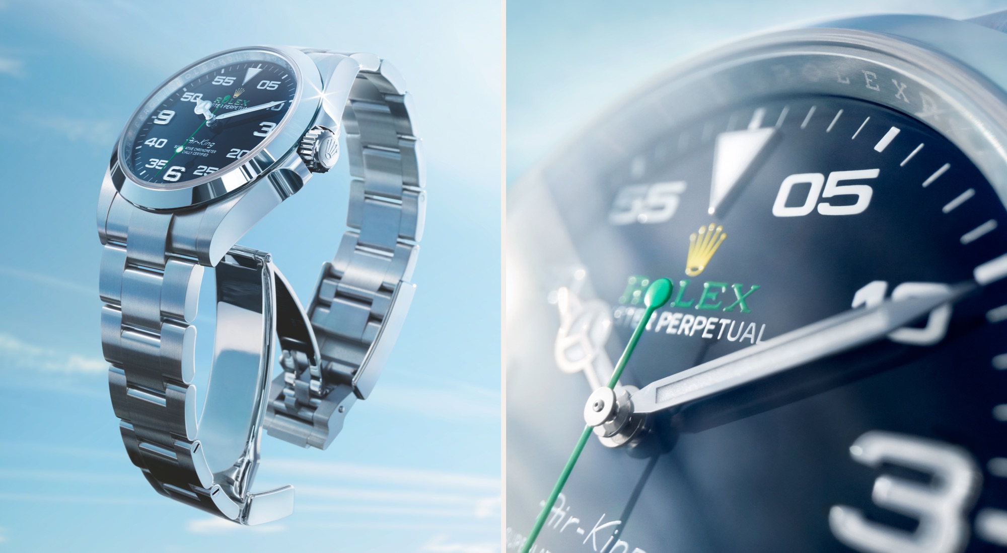 Nahaufnahme der Schliesse und des schwarzen Zifferblattes der Rolex Air King