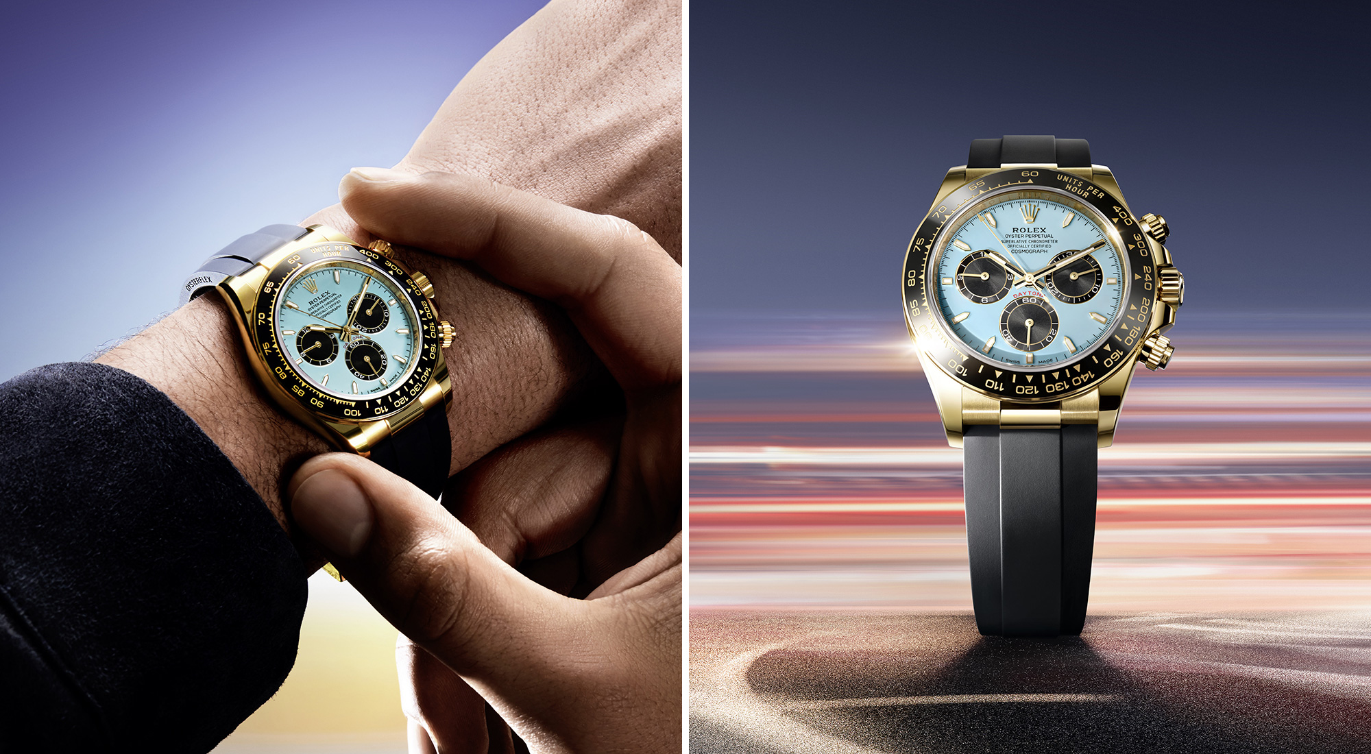 Abbildung der Rolex Cosmograph Daytona in Gold mit Oysterflex-Armband und blauem Zifferblatt.