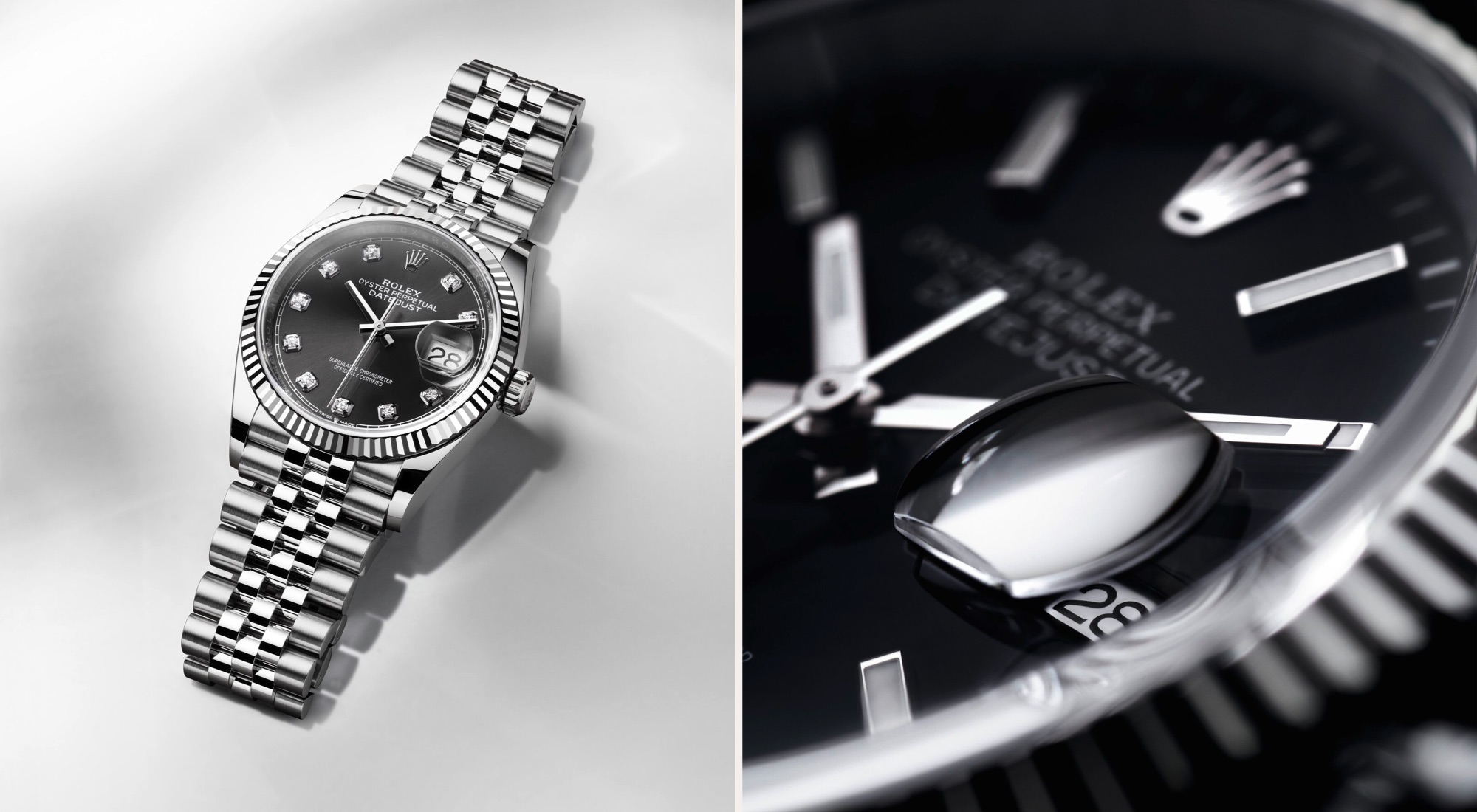 Nahaufmane der Rolex Datejust und des schwarzen Zifferblattes und der Rolex Zykloplupe