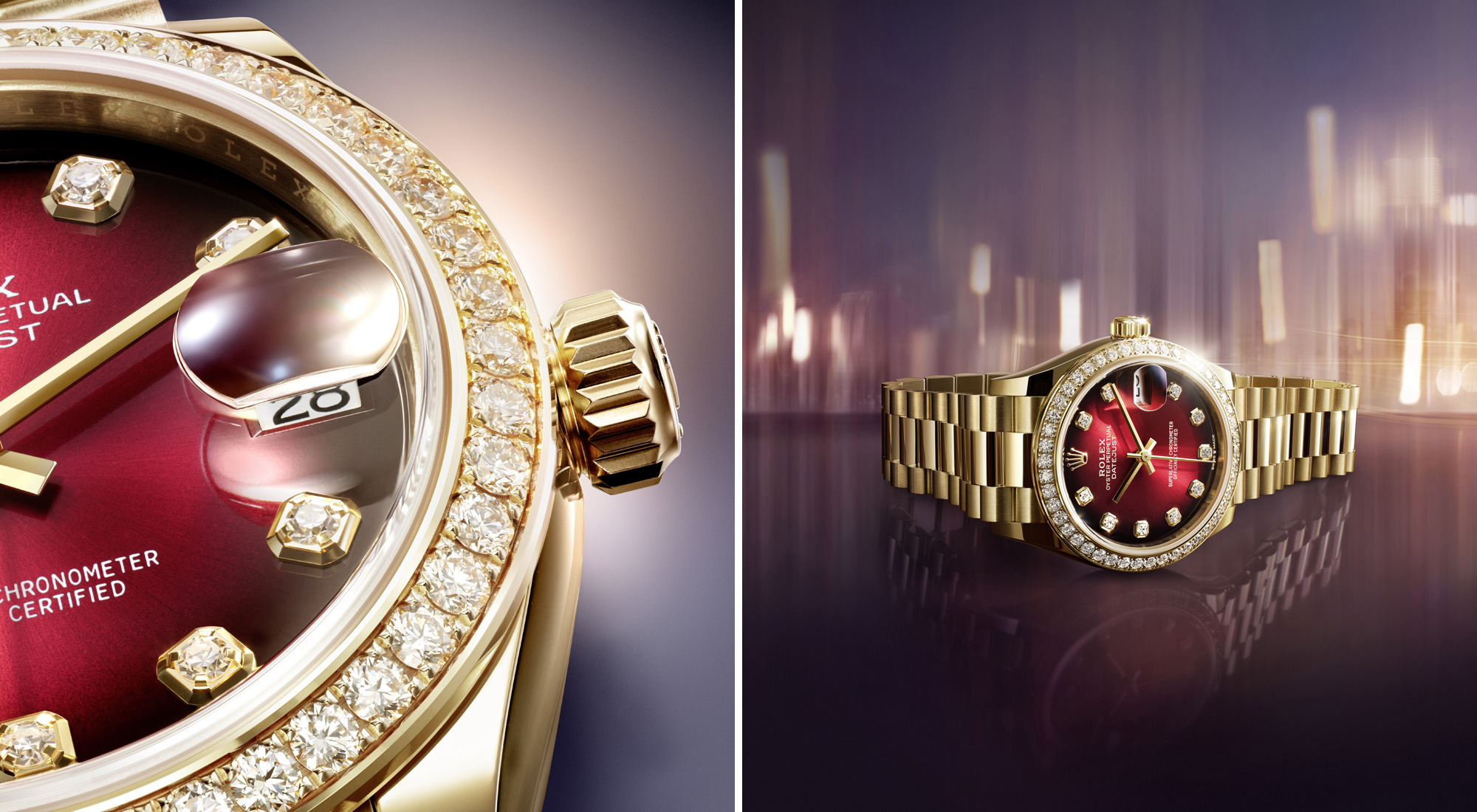 Rolex DAtejust mit rotem Zifferblatt, Gelbgold und Diamanten
