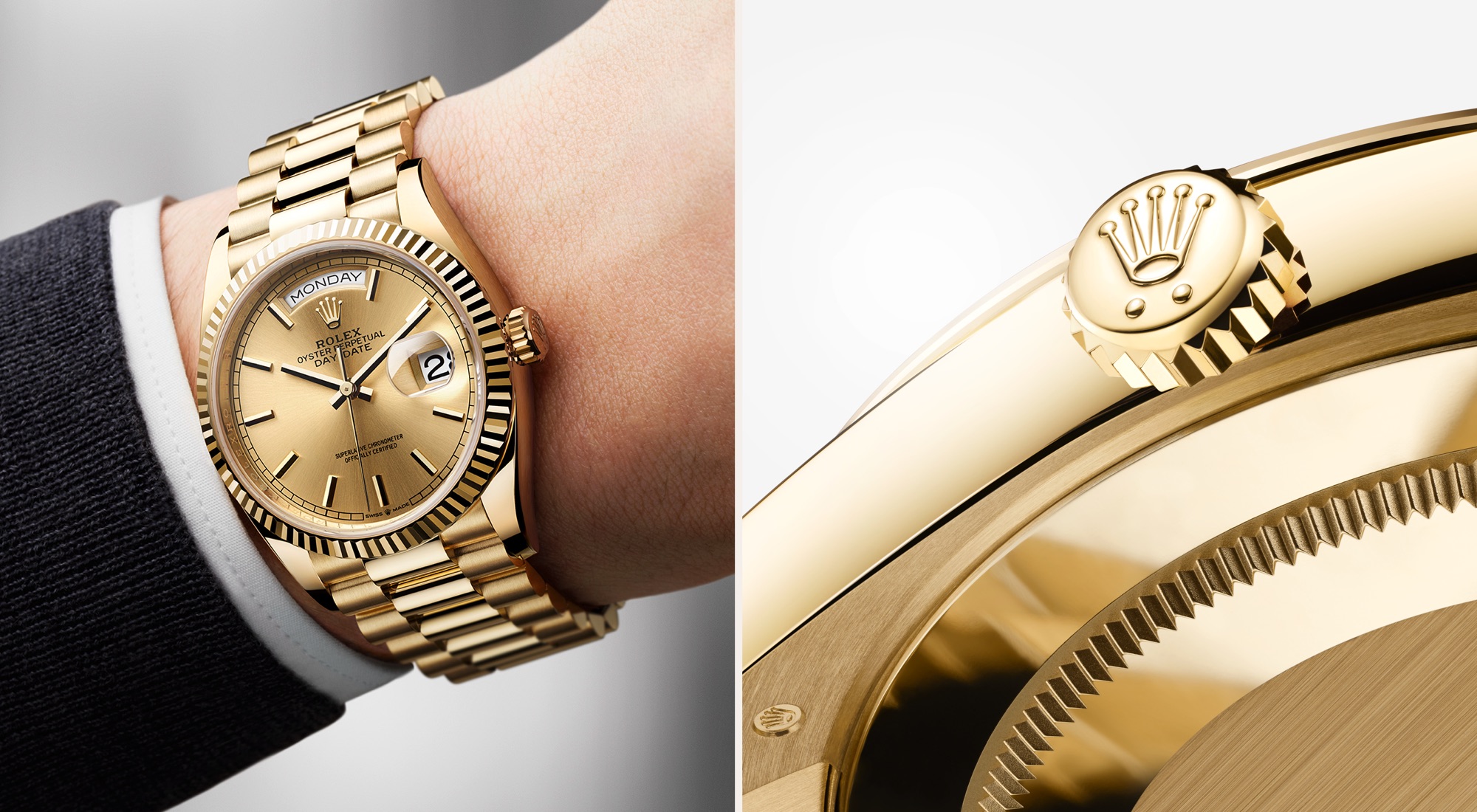 Rolex Day-Date in Everose-Gold mit goldenem Zifferblatt am Handgelenk und Nahaufnahme der Krone