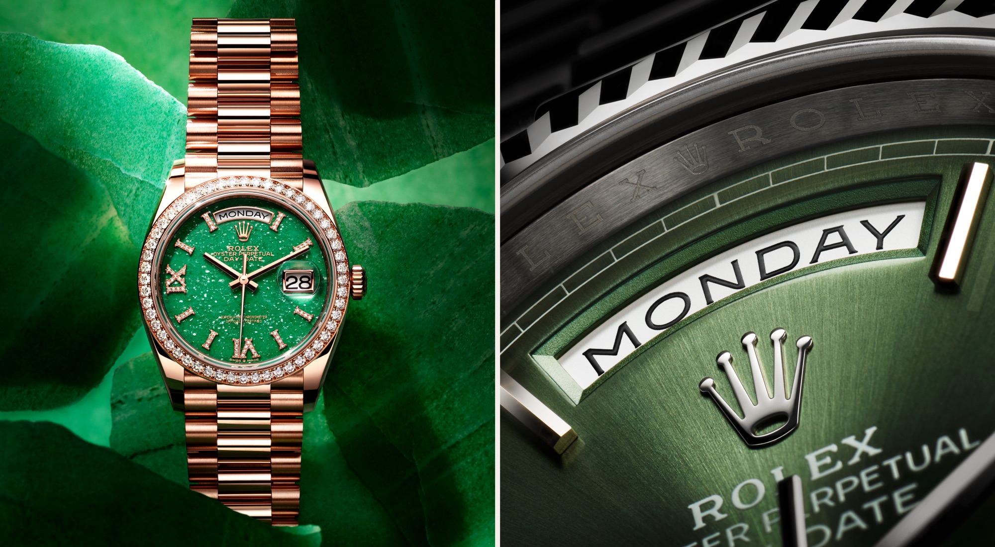 Nahaufnahme Rolex Day-Date mit Diamanten und grünem Zifferblatt sowie der Tagesanzeige