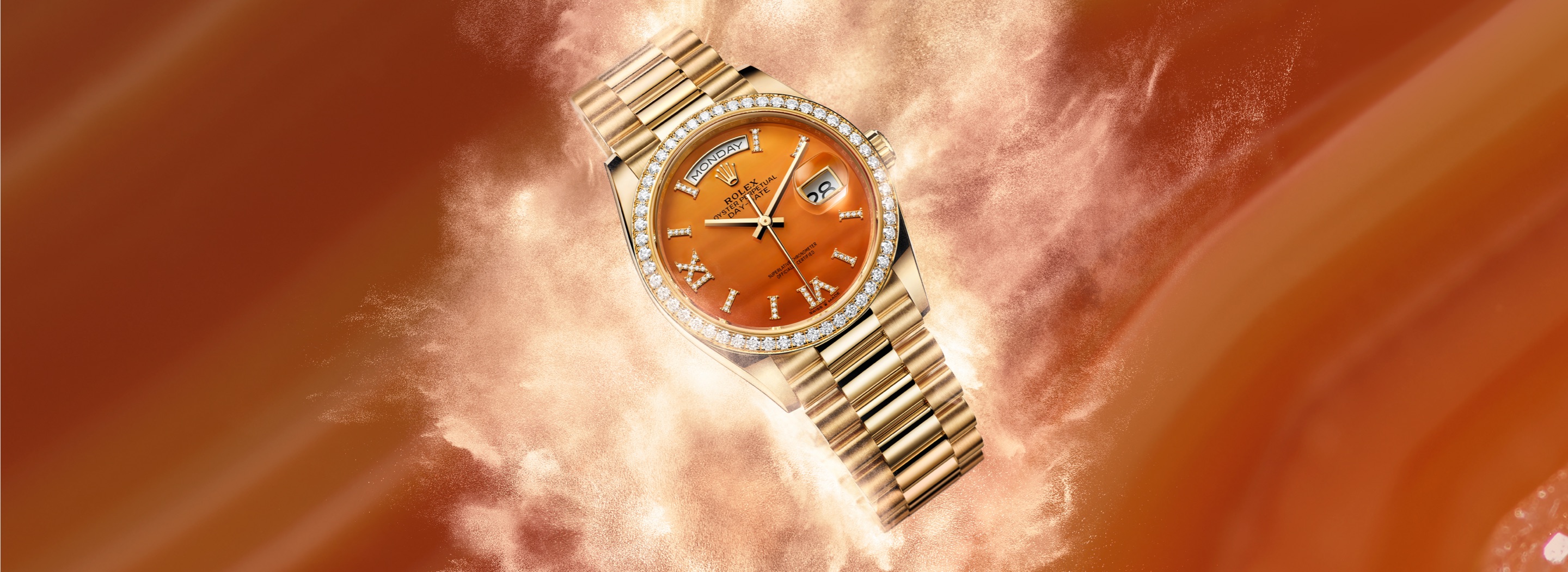 Rolex Day-Date in Everose-Gold mit Diamanten und orangenem Zifferblatt