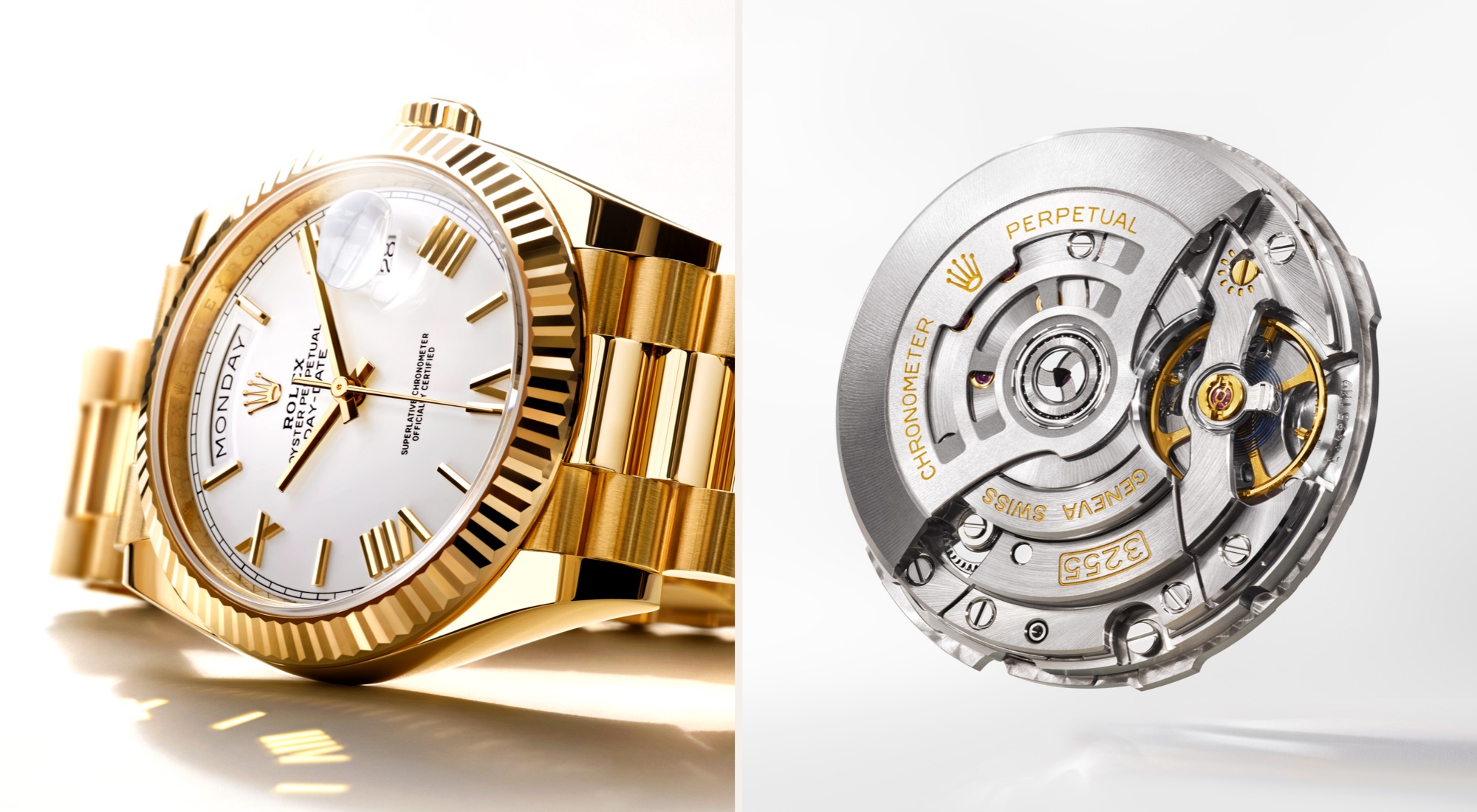Nahaufname der Rolex Day-Date in Everose-Gold und des Uhrwerks - Kaliber 3255