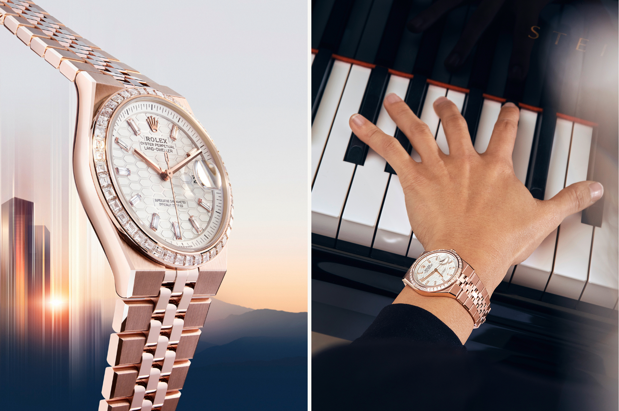 Die Rolex Land-Dweller M127285tbr-0002 Flat Jubilee-Band, Zifferblatt in Tiefweiß, Wabenmuster mit Diamanten